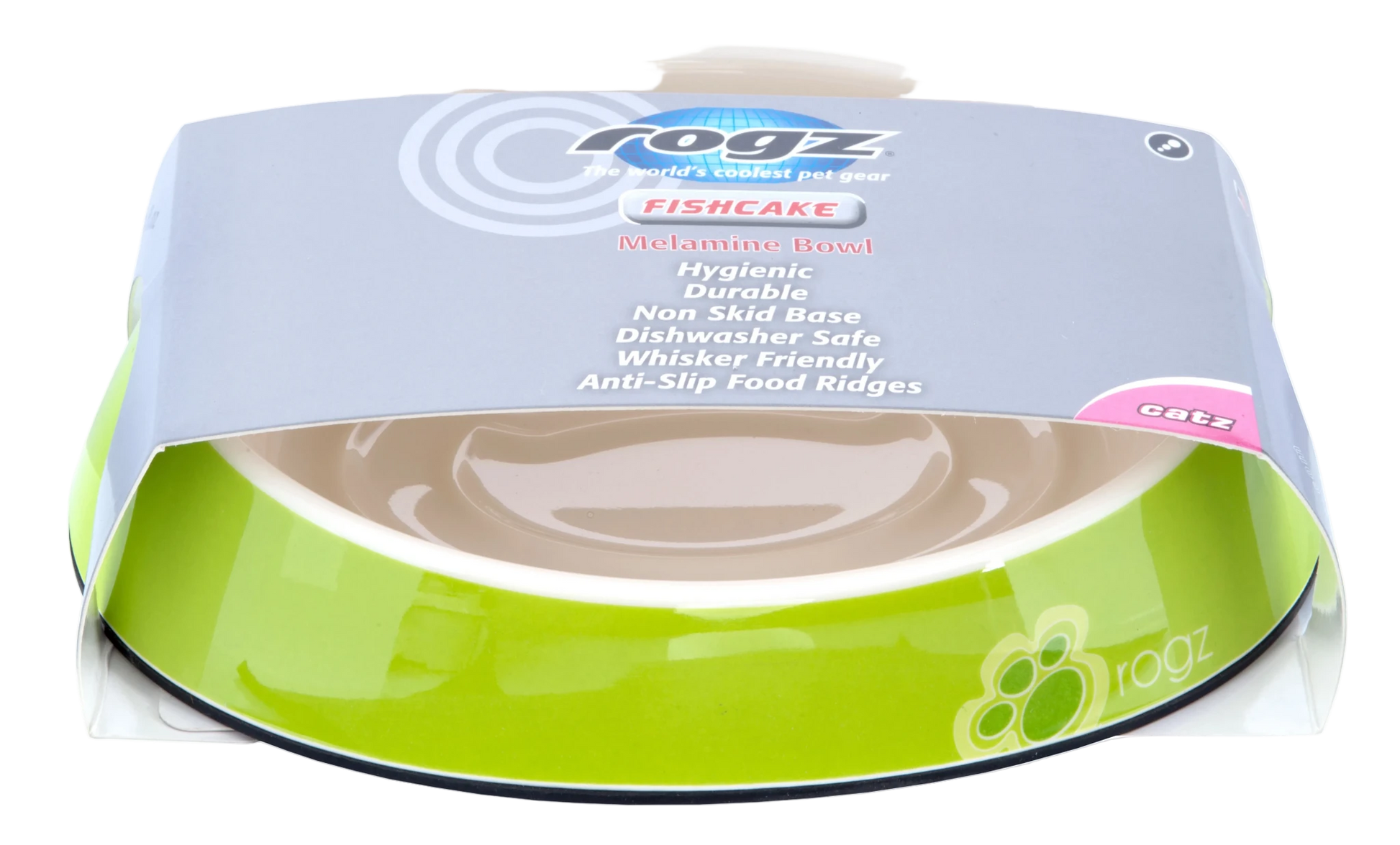 Rogz Fishcake melamine bowl box with lime green design and bowl front view