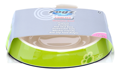 Rogz Fishcake melamine bowl box with lime green design and bowl front view