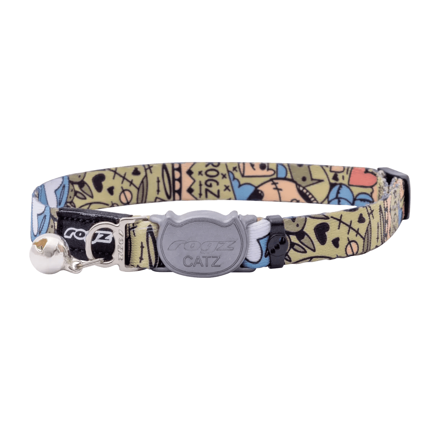 Breakaway cat collar with bell, beige and blue doodle pattern, gray CATZ plate