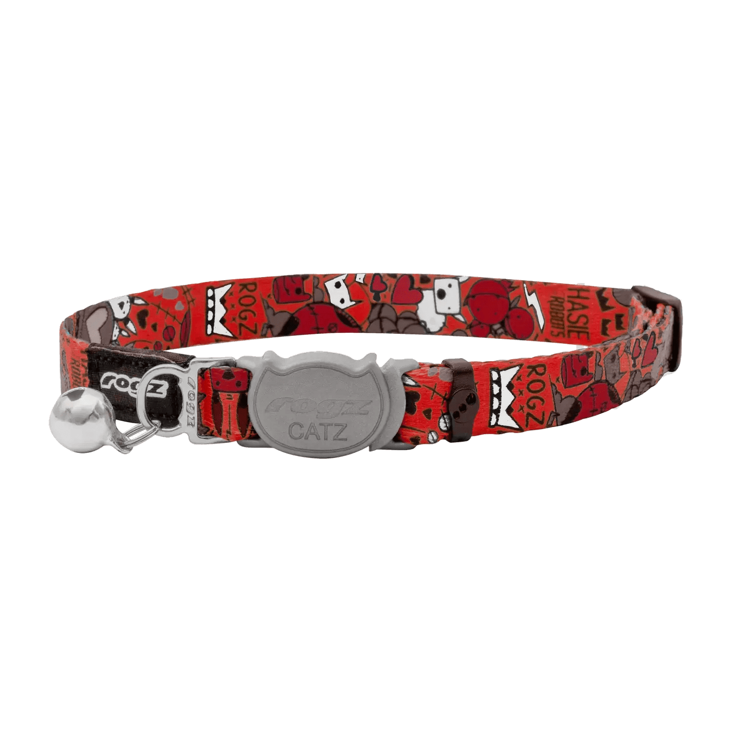 Breakaway cat collar with bell, red and white comic pattern, gray CATZ plate