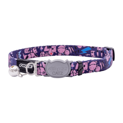Breakaway cat collar with bell, purple comic pattern and gray CATZ plate