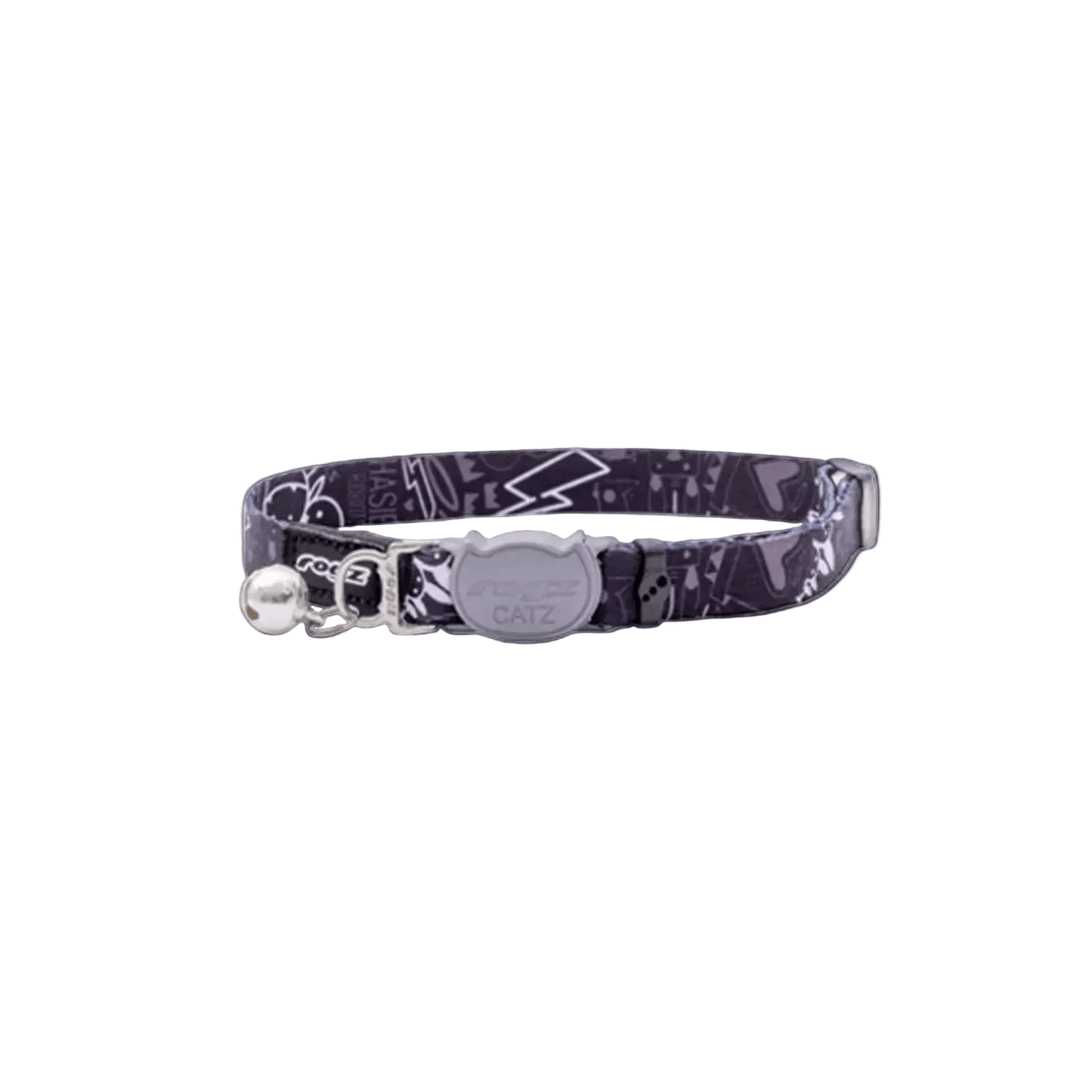 Dark patterned cat safety collar with bell and gray clasp