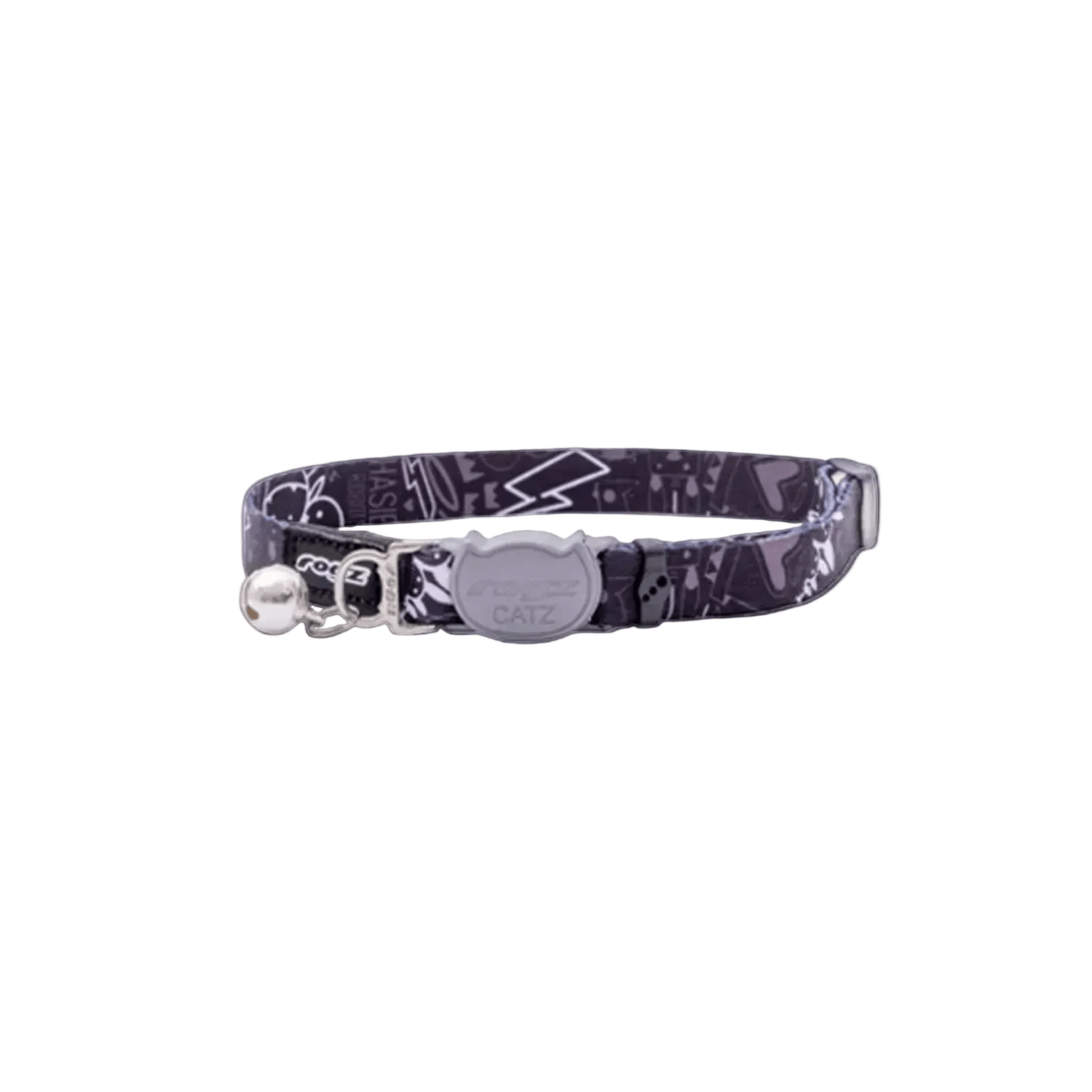 Dark patterned cat safety collar with bell and gray clasp