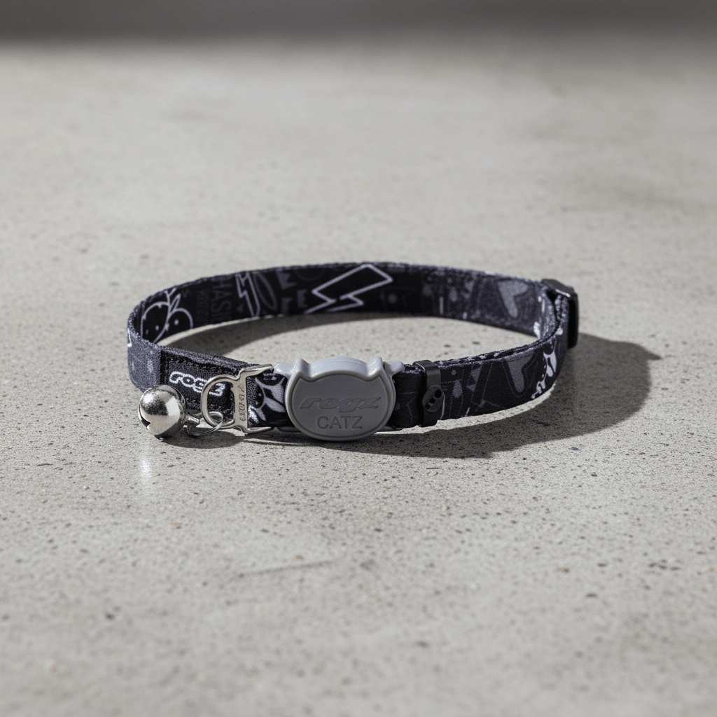 Black patterned safety collar with breakaway buckle and bell, laid flat