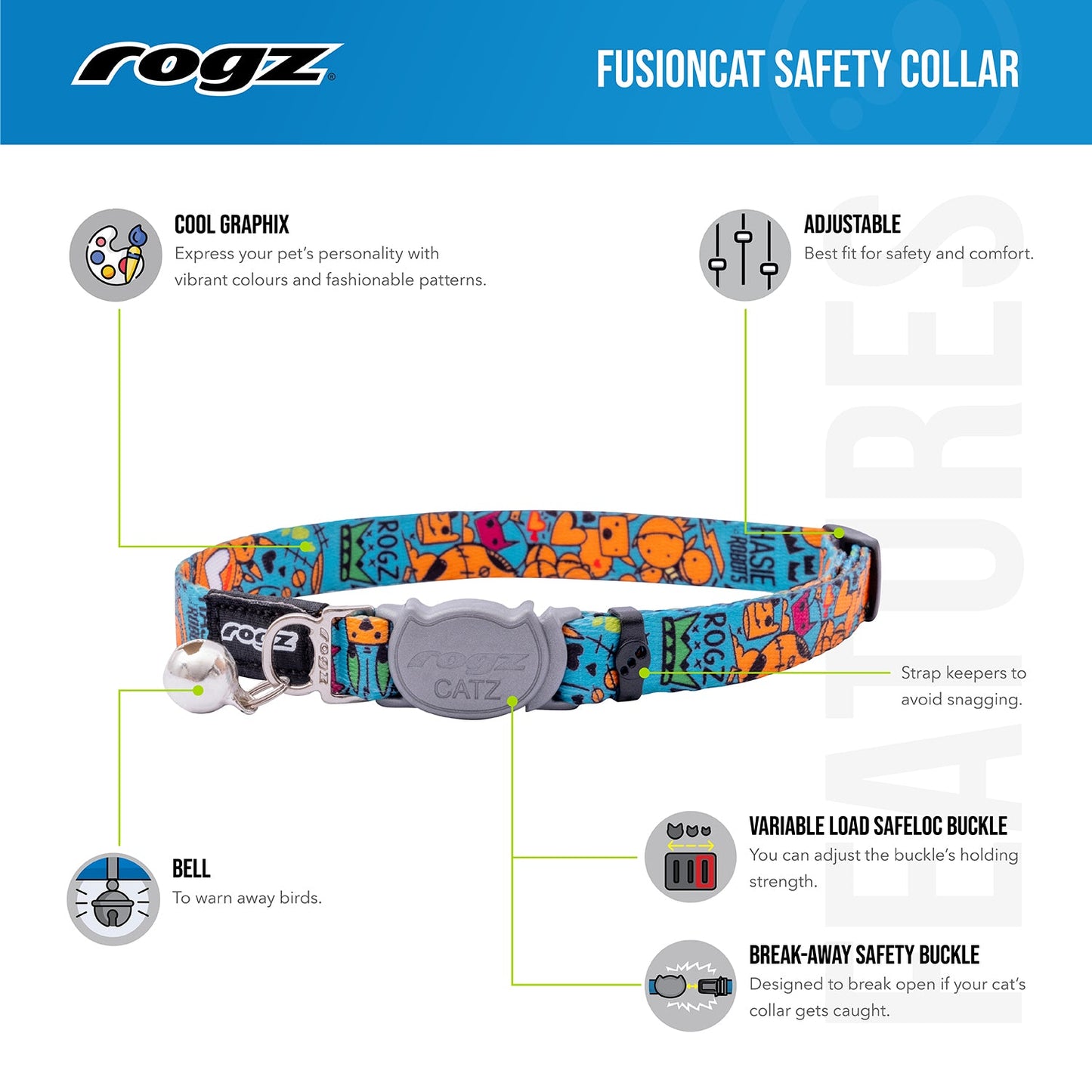 FusionCat safety collar features diagram with adjustable strap, bell, and safety buckles