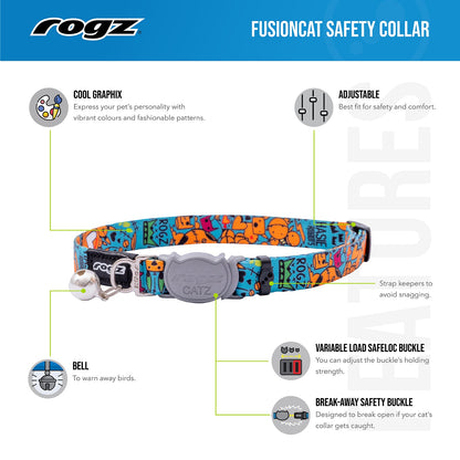FusionCat safety collar features diagram with adjustable strap, bell, and safety buckles