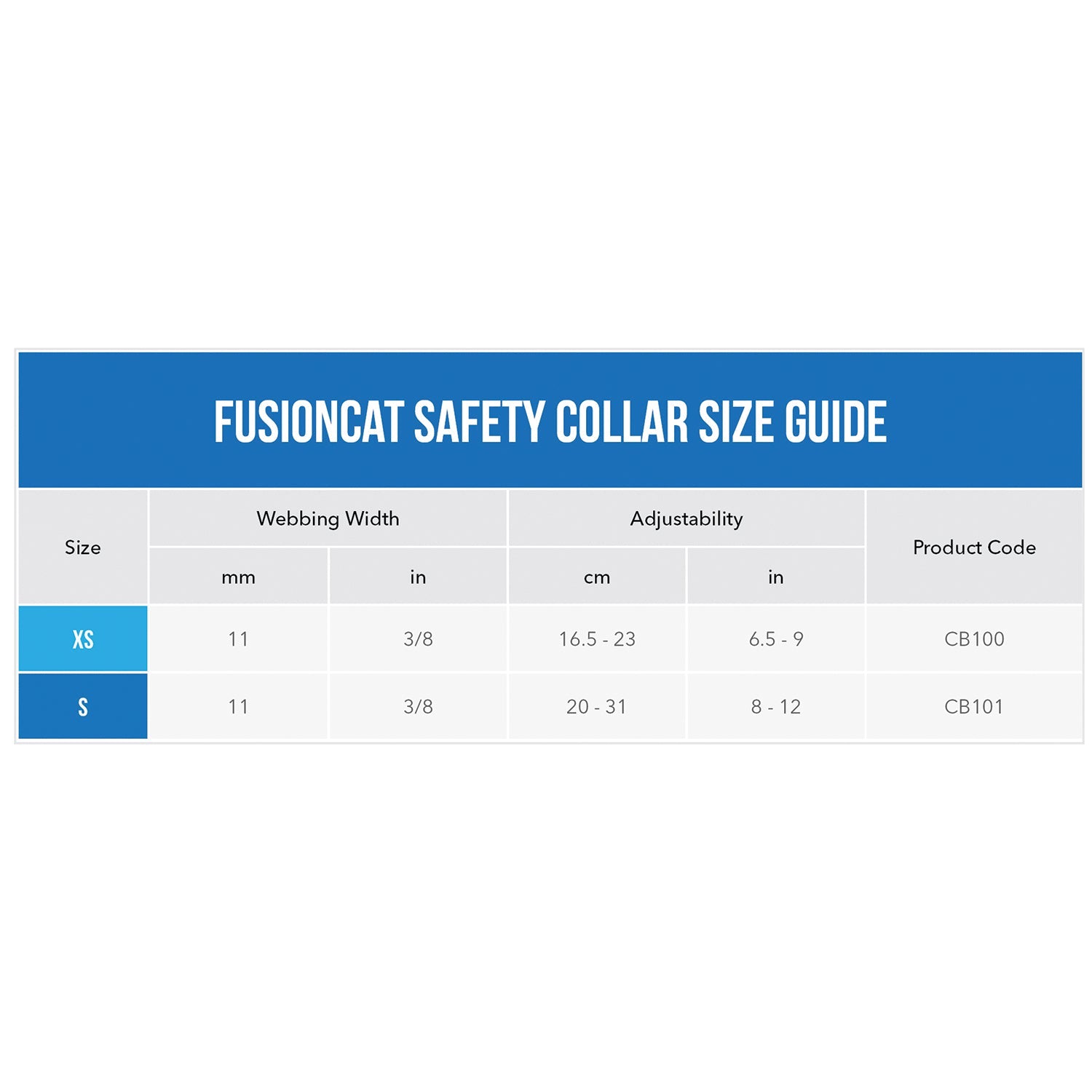 FusionCat safety collar size guide chart for XS and S measurements