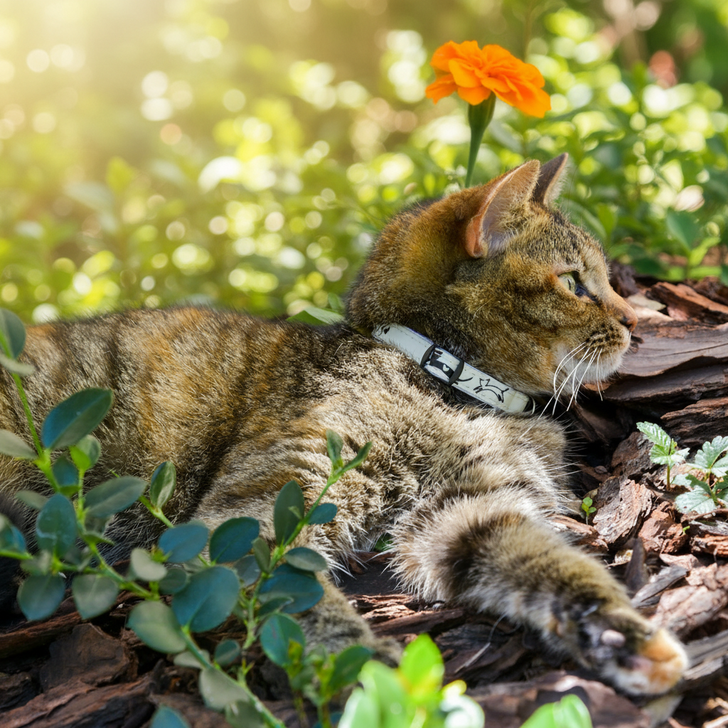 Tabby cat wearing patterned safety release collar with gray clasp