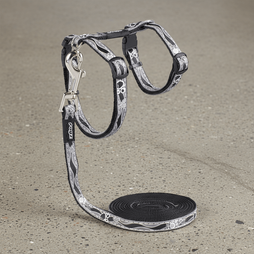Cat night harness with matching lead, black webbing with silver graphic print, D-ring clips