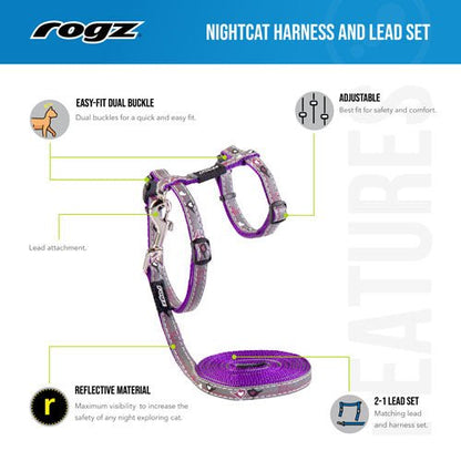 NightCat harness and lead set features diagram: dual buckle, adjustable fit, reflective material