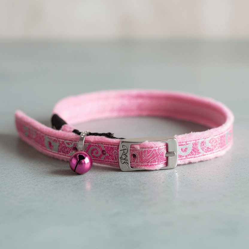 Pink cat pin buckle collar close-up with patterned strap, buckle, and round bell charm