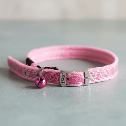 Pink cat pin buckle collar close-up with patterned strap, buckle, and round bell charm