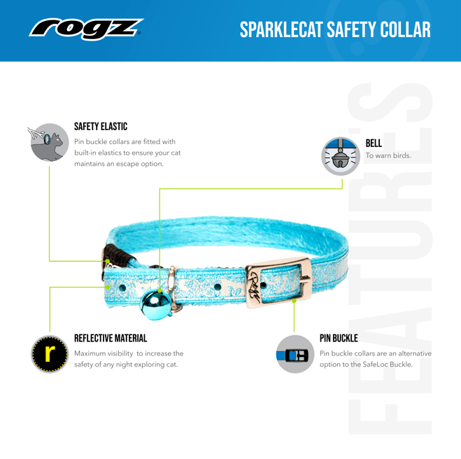 Rogz Sparklecat safety pin buckle collar diagram with reflective material and bell