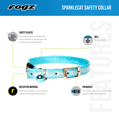 Rogz Sparklecat safety pin buckle collar diagram with reflective material and bell