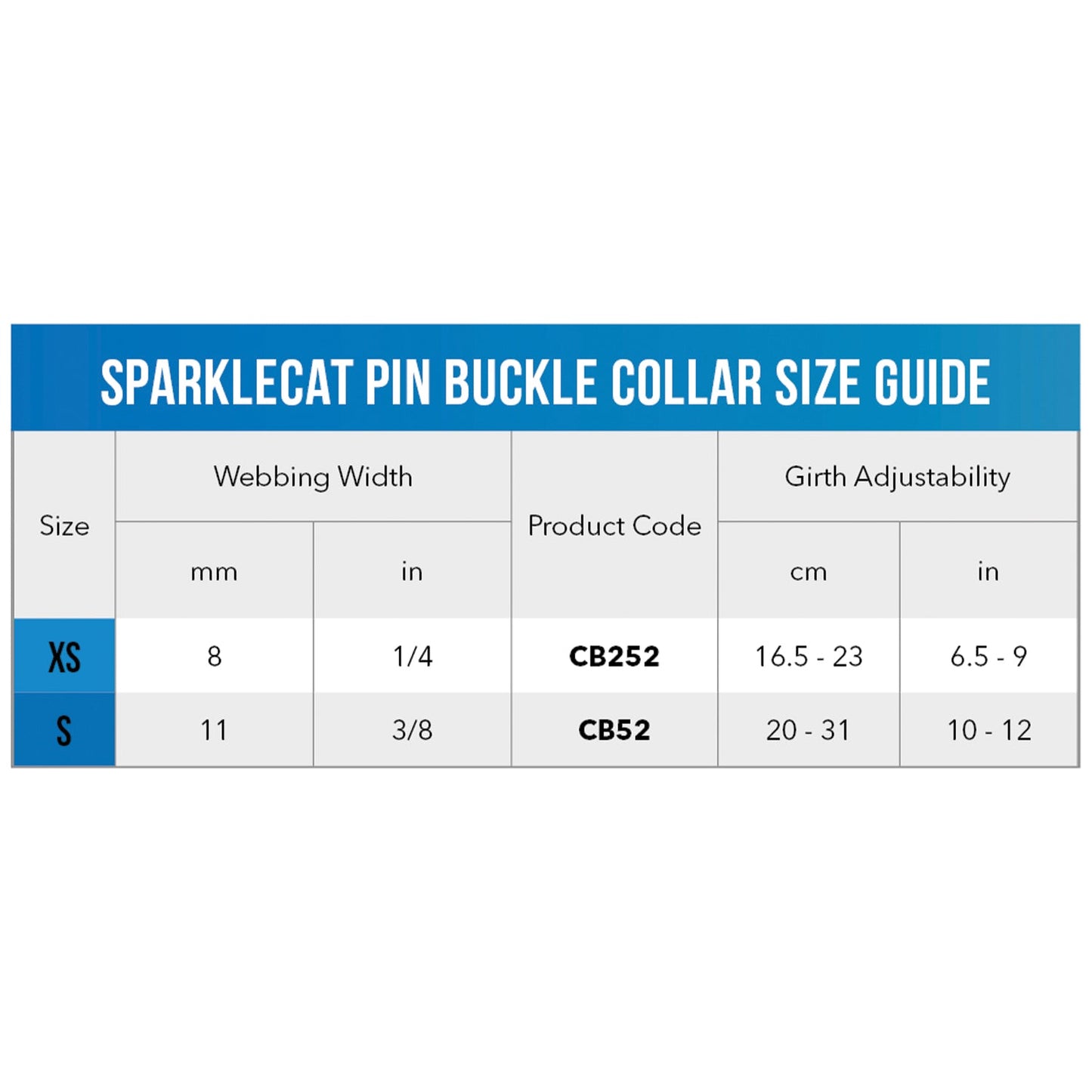 Sparklecat pin buckle collar size guide chart for XS and S with girth ranges