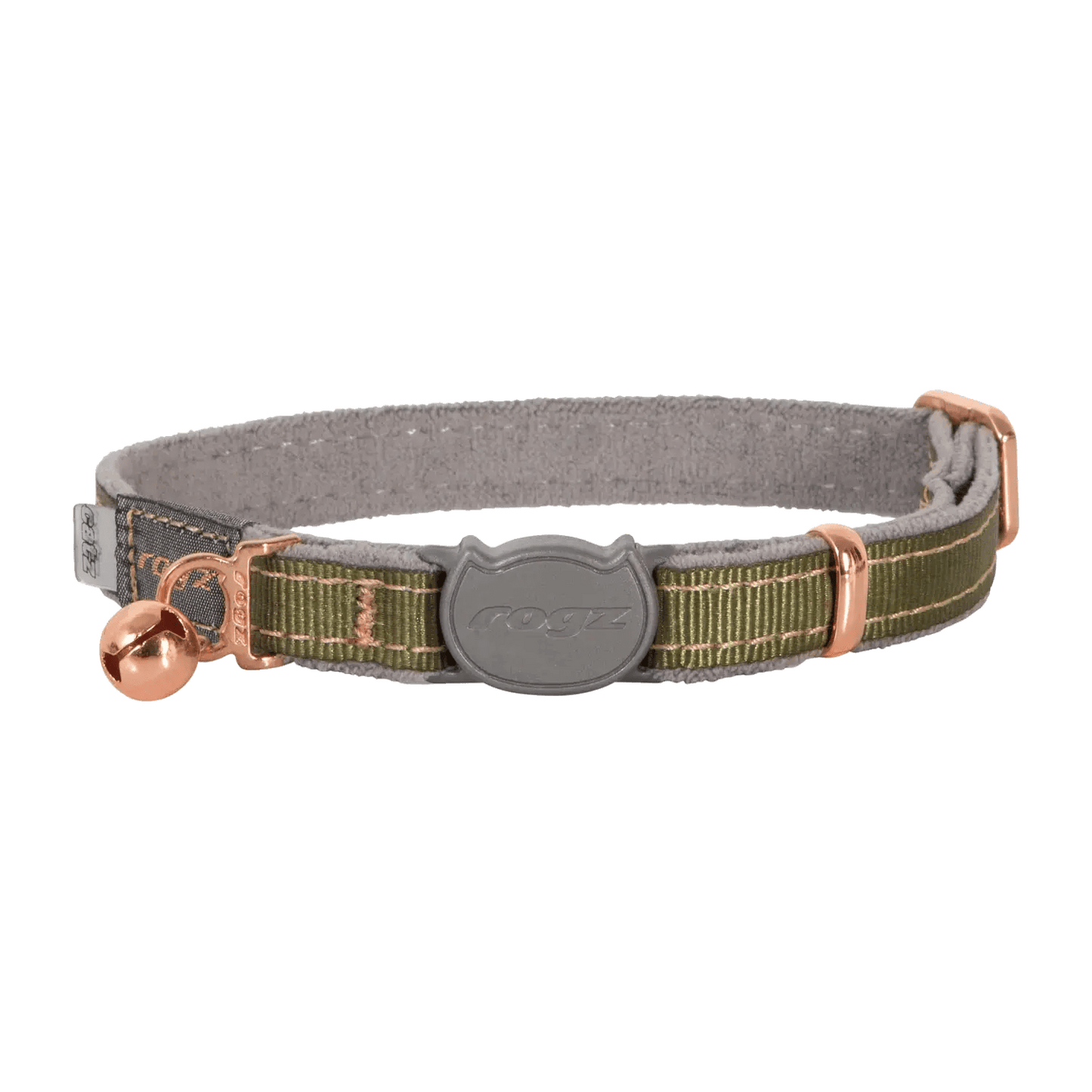 Breakaway safety cat collar, olive webbing with rose-gold buckle and bell
