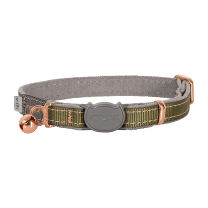 Breakaway safety cat collar, olive webbing with rose-gold buckle and bell