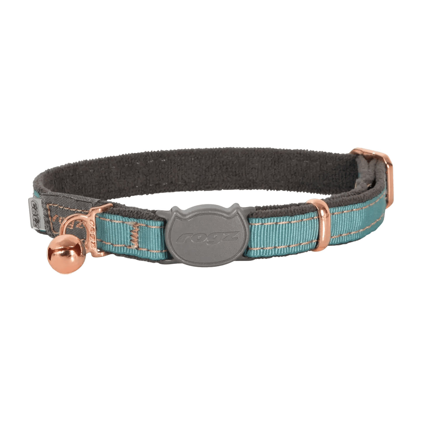Breakaway safety cat collar, turquoise webbing with rose-gold buckle and bell