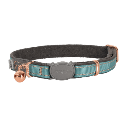 Breakaway safety cat collar, turquoise webbing with rose-gold buckle and bell