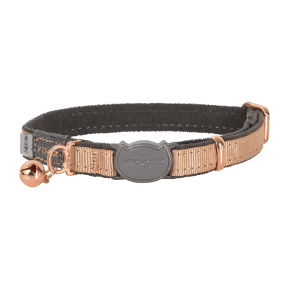 Breakaway safety cat collar, tan webbing with rose-gold buckle and bell