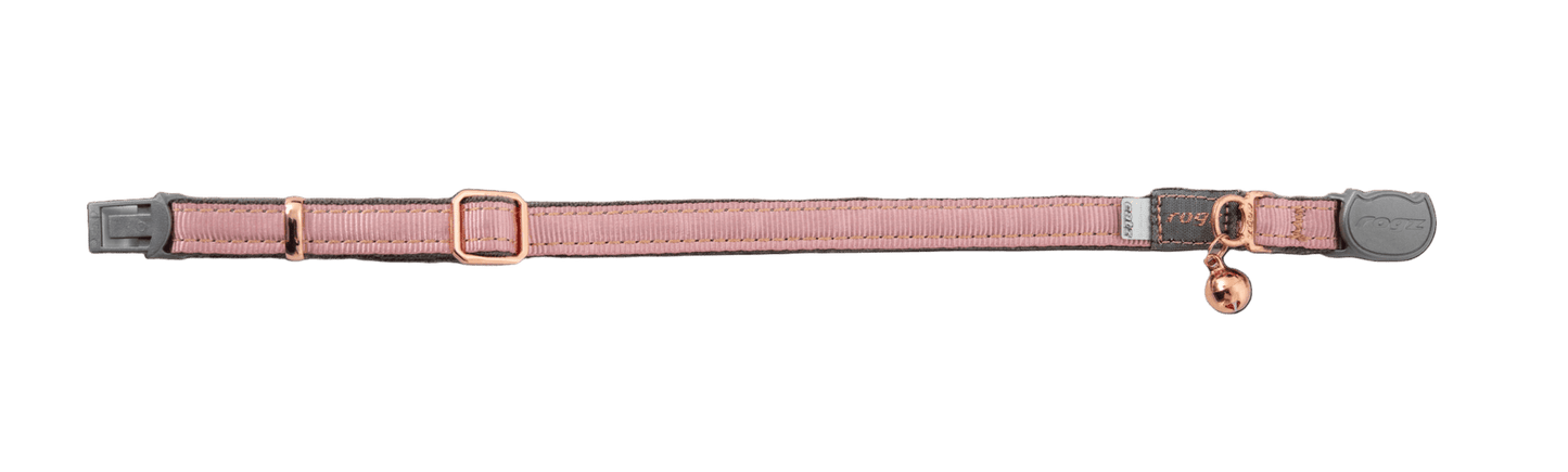 Pink cat safety collar with copper bell tag, adjustable buckle and side release.