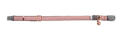 Pink cat safety collar with copper bell tag, adjustable buckle and side release.