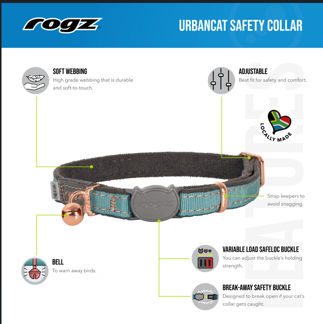Safety collar features diagram: soft webbing, bell, adjustable strap, break-away buckle.