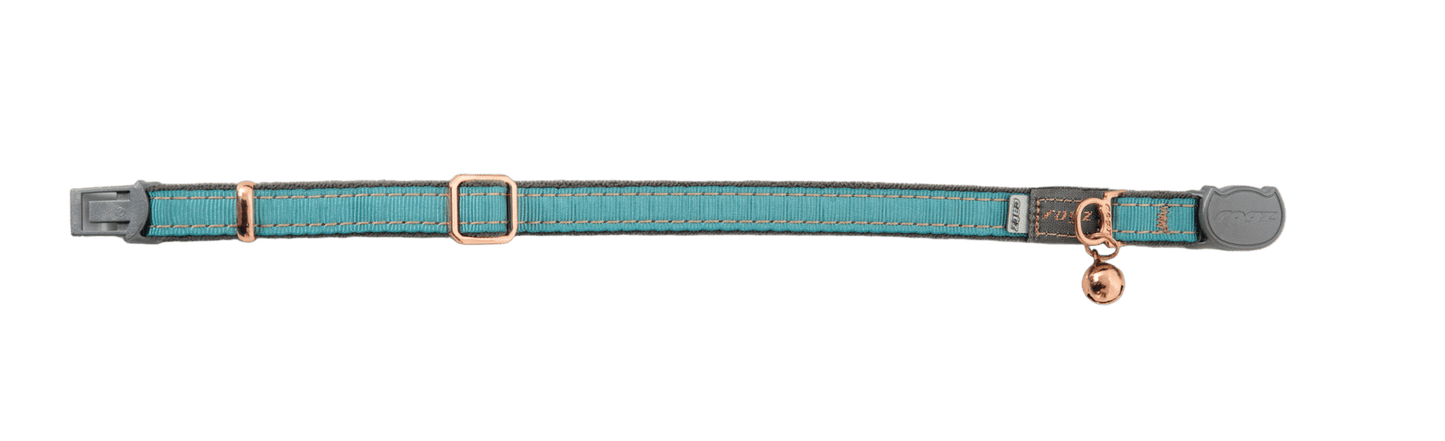 Teal cat safety collar with copper bell tag, adjustable buckle and side release.