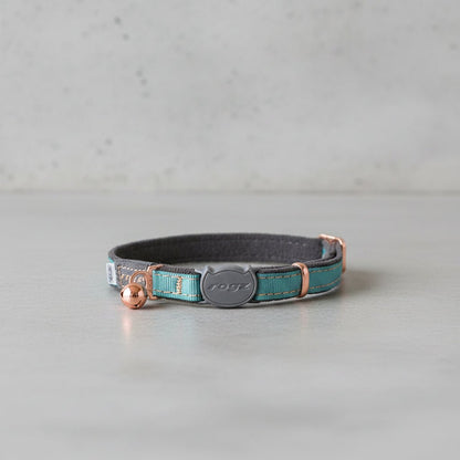 Turquoise cat safety collar with bell and adjustable strap, rogz buckle