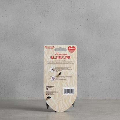 Guillotine nail clipper retail package backing with Rosewood branding and usage icons