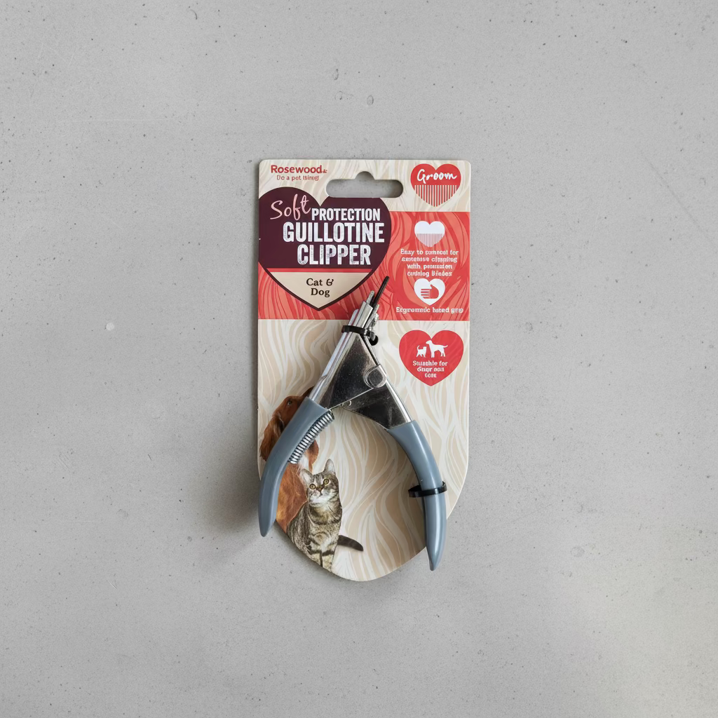 Rosewood Soft Protection guillotine nail clipper for cat, shown in retail package
