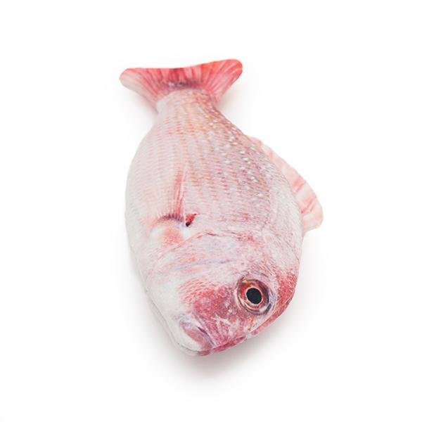Plush catnip trout toy, pale pink fish with red tail and stitched detail