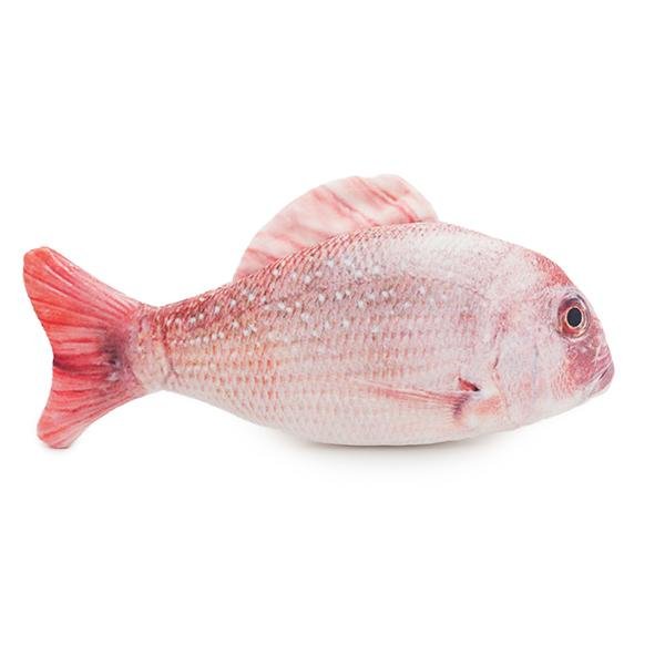 Plush catnip fish toy, pale pink body with red fins and tail