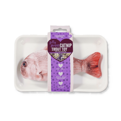 Catnip trout toy in clear tray with purple box packaging