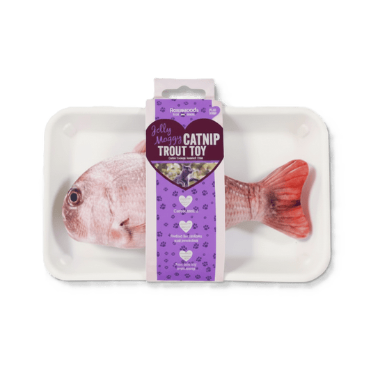 Catnip trout toy in clear tray with purple box packaging
