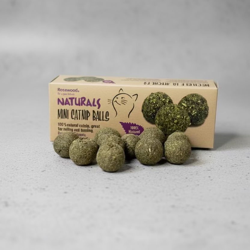 Brown cardboard box with natural green mini catnip balls for cats