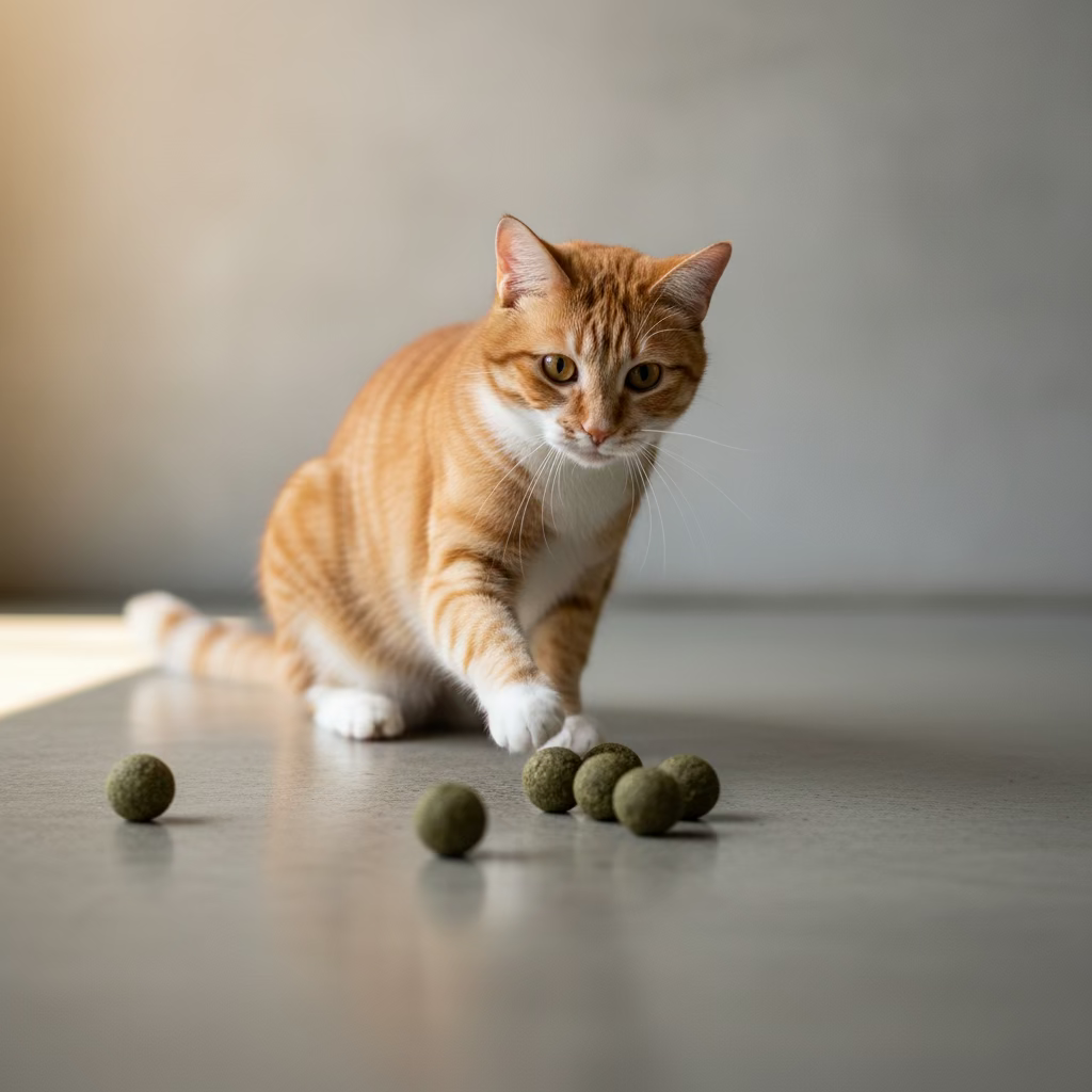 Natural green mini catnip balls for cats with cat near the toys