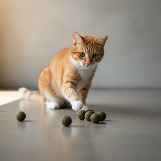 Natural green mini catnip balls for cats with cat near the toys