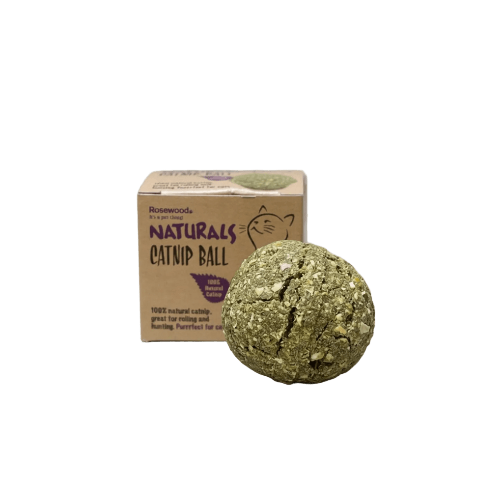 Green textured catnip ball next to Rosewood Naturals box.