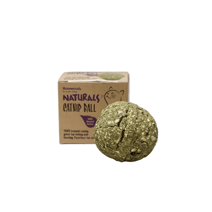 Green textured catnip ball next to Rosewood Naturals box.