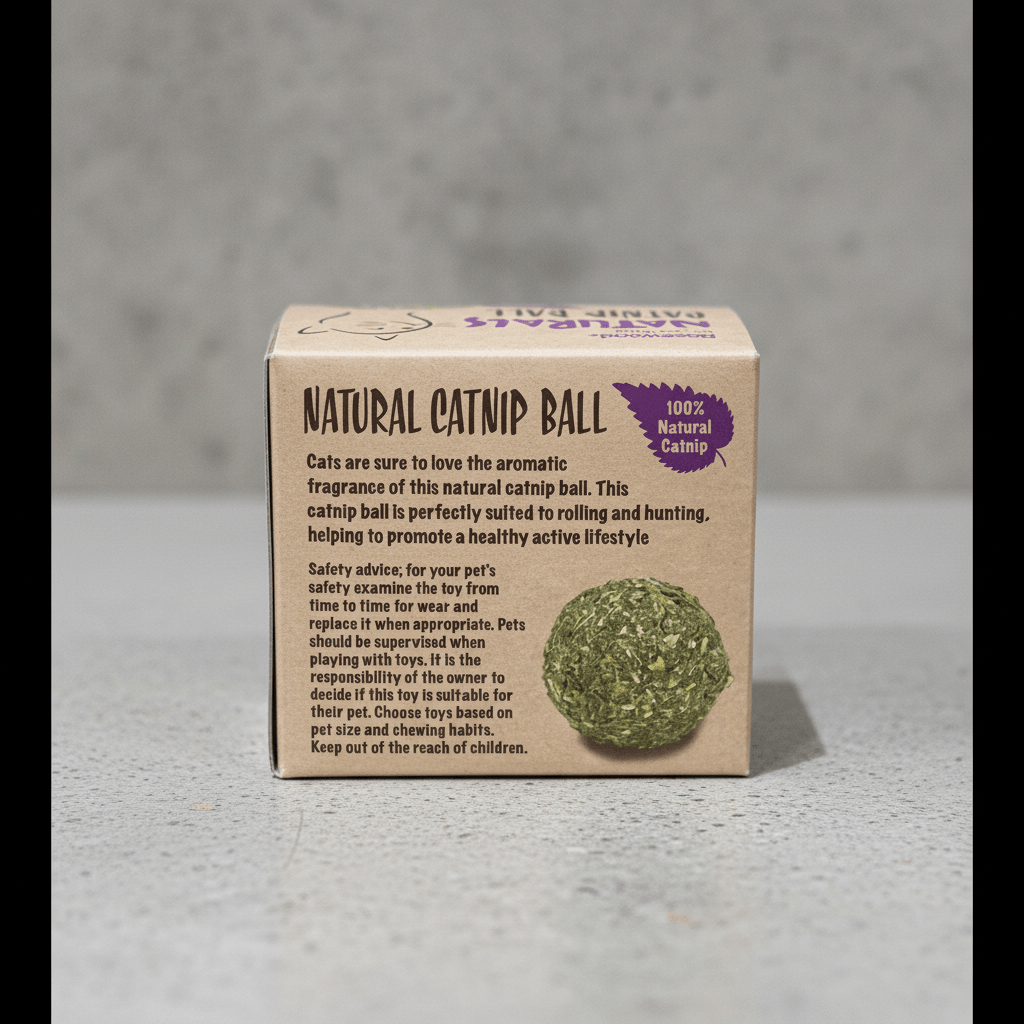 Green textured catnip ball with Rosewood Naturals box, label side.