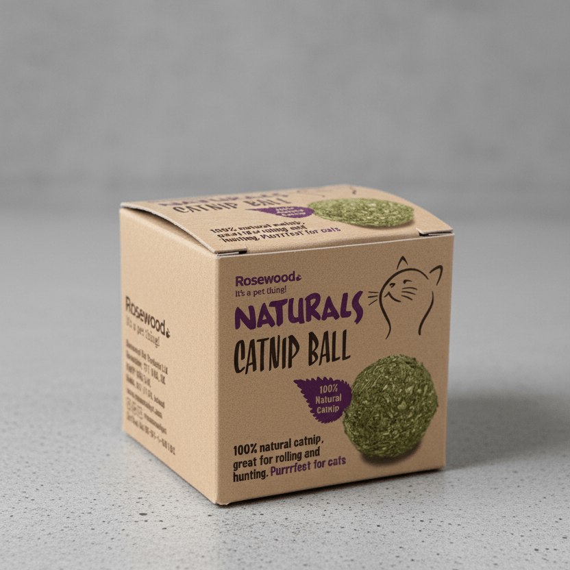 Green textured catnip ball with Rosewood Naturals box, side view.