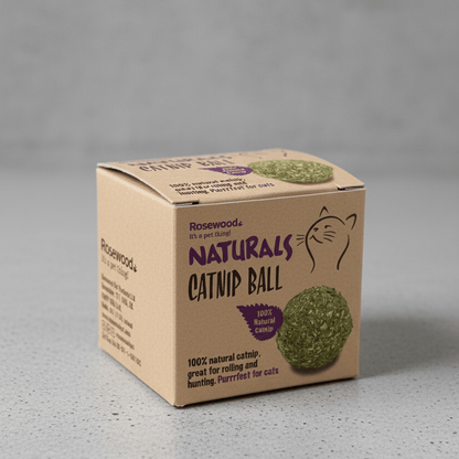 Green textured catnip ball with Rosewood Naturals box, side view.