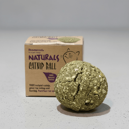 Green textured catnip ball with Rosewood Naturals box, front view.