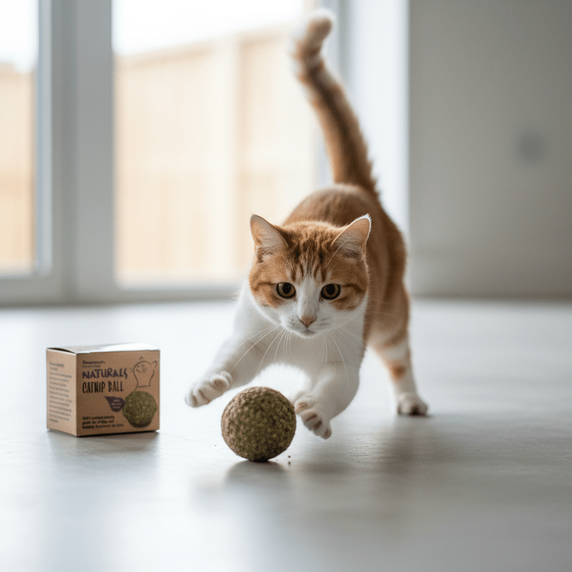 Green textured catnip ball near box, with cat pawing the toy.