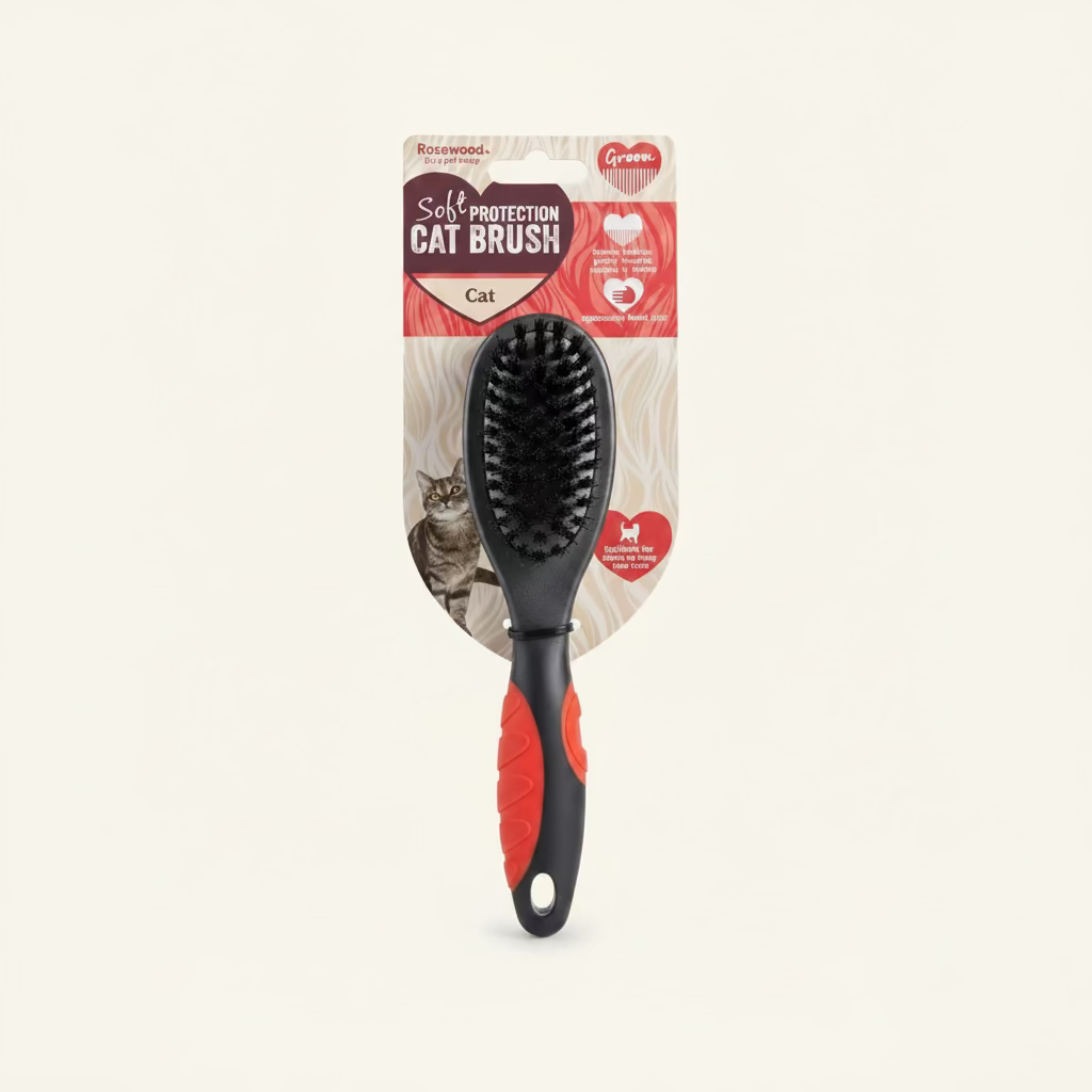 Cat brush with black bristles and red-orange textured handle