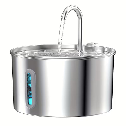 Round stainless steel 2.2-litre cat water fountain with curved spout and water-level window