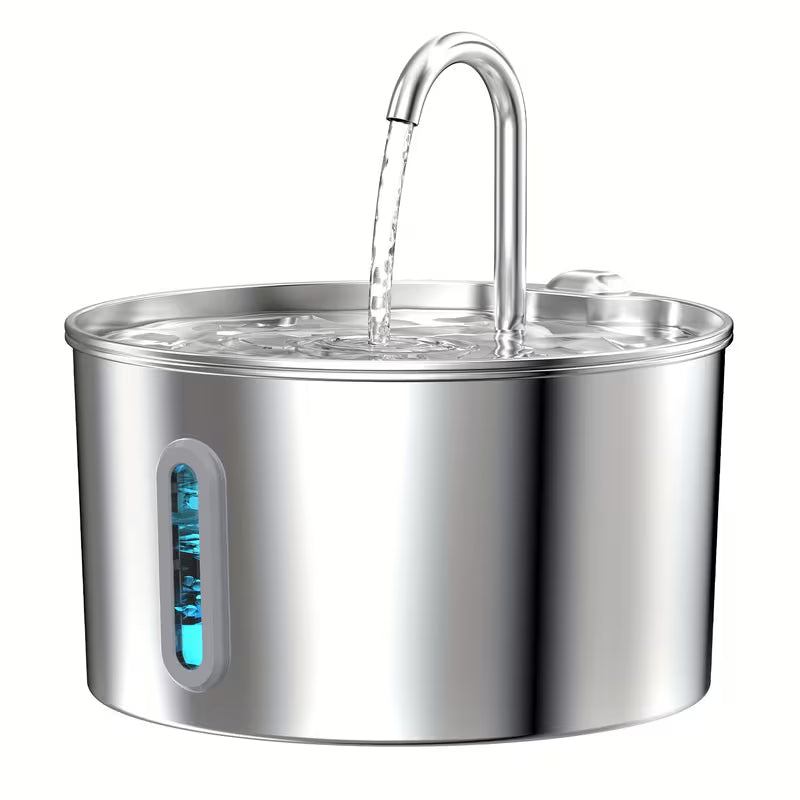 Round stainless steel 2.2-litre cat water fountain with curved spout and water-level window
