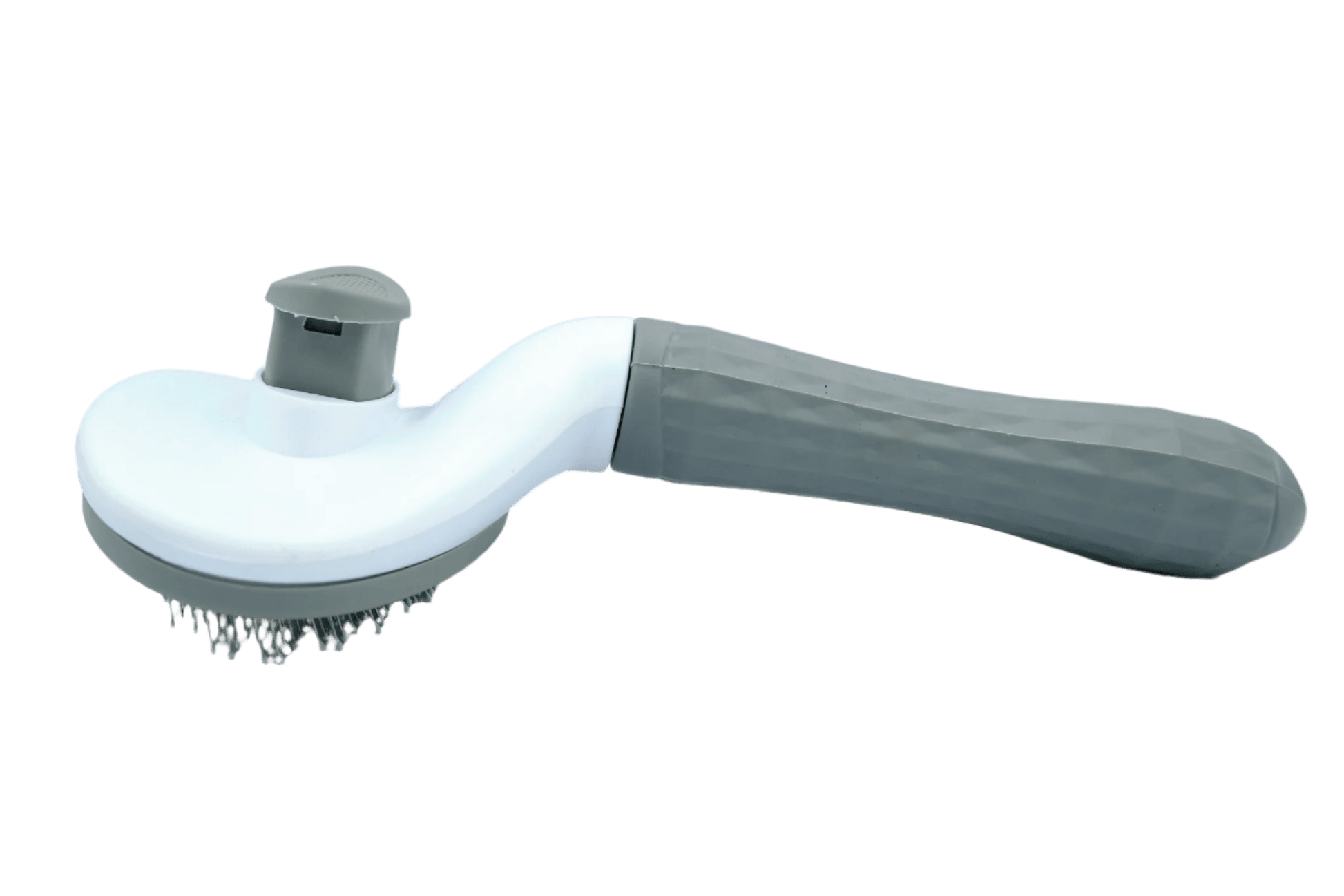 Self-cleaning cat grooming brush with gray bristle pad and dark handle
