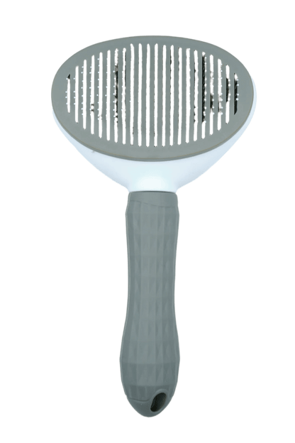 Self-cleaning cat grooming brush with metal-pin bristles on gray pad
